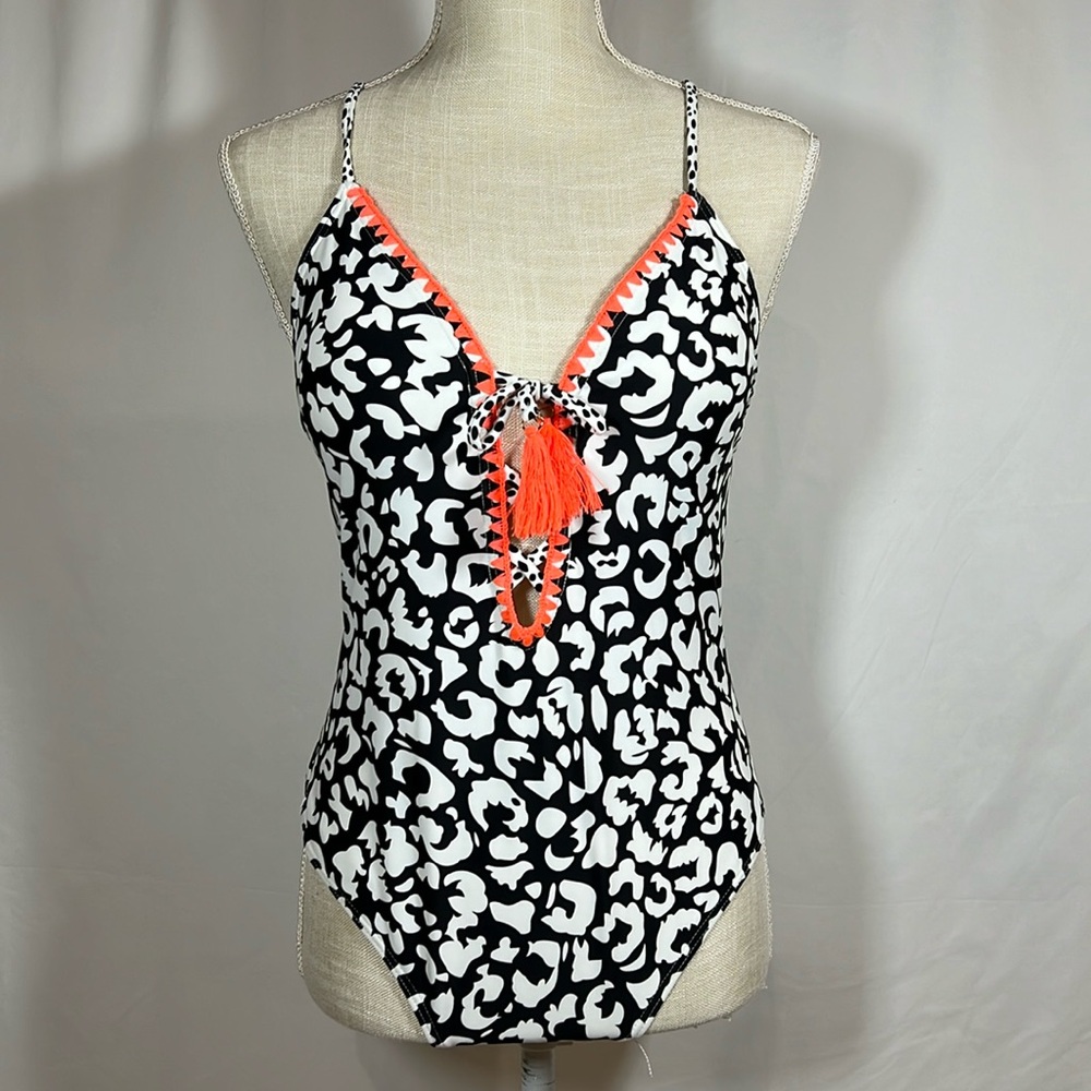 PURSUIT White/Black Orange trimmed One-Piece Swimsuit Size 14
